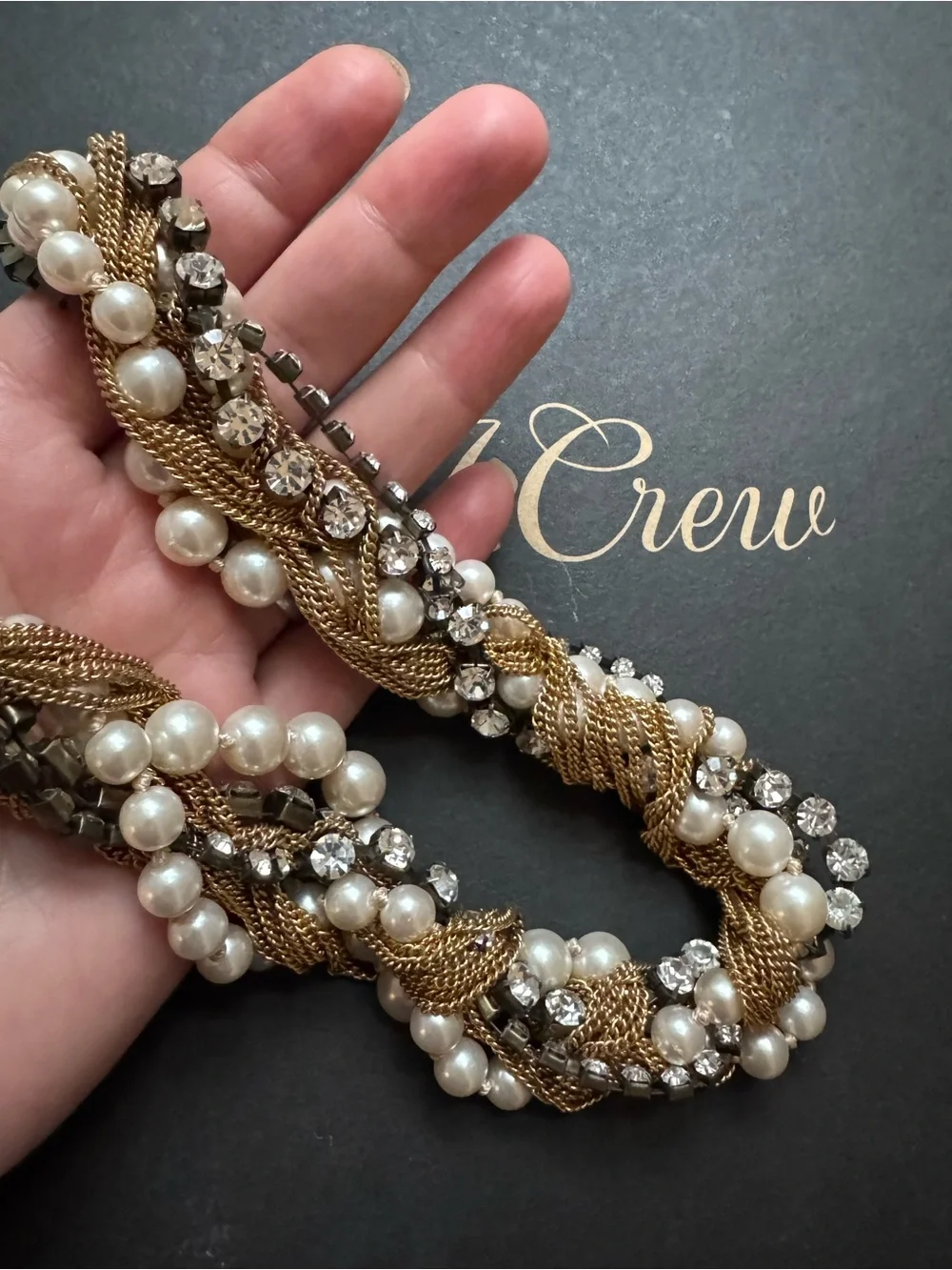 J. Crew multi-strand twisted pearl, crystal, and gold-tone chain necklace